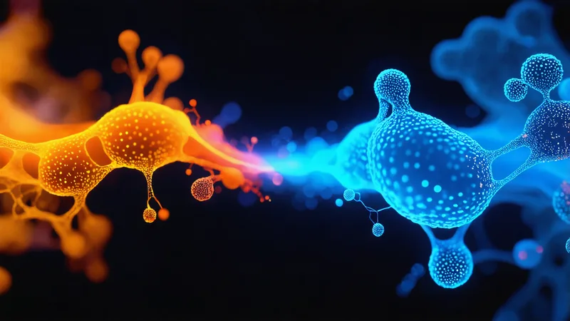 Abstract visualization of diverging metabolic pathways between species with warm orange and cool blue contrast