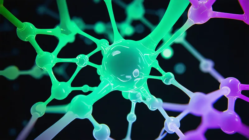 Abstract generative AI creating molecular scaffold variations with electric green and purple gradients